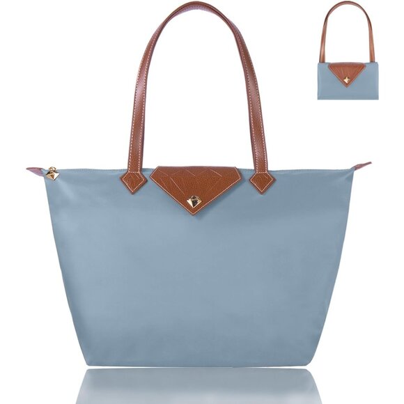 Waterproof Nylon Tote Bag Women Large Foldable Blue Shoulder Bag for Travel Use - Picture 1 of 6